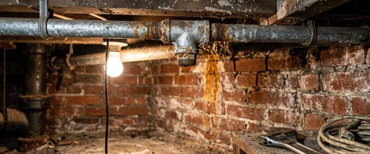 Aged galvanized steel water supply line with corroded threaded fitting in an older Pittsburgh basement