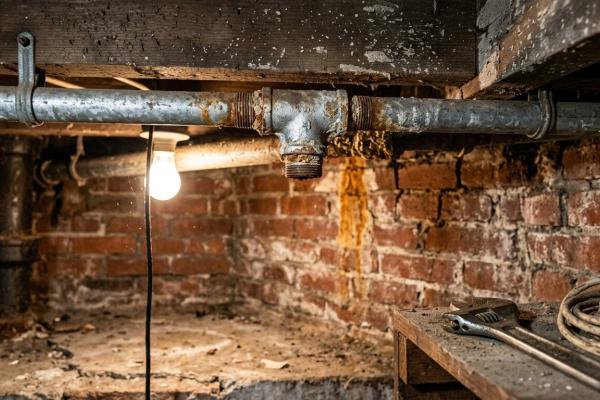 Aged galvanized steel water supply line with corroded threaded fitting in an older Pittsburgh basement